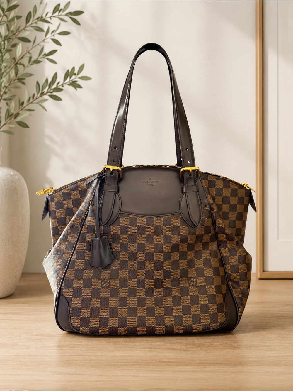 Louis Vuitton Brown Damier Ebene Check Tote with Dark Brown Trim